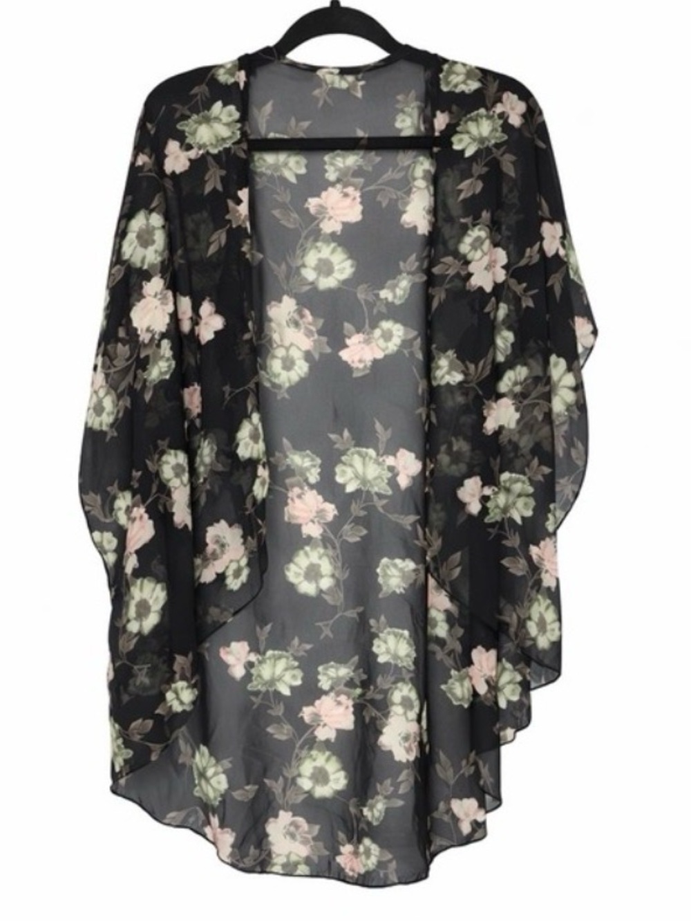 Sheer Black‎ Floral Kimono Wrap Open Front Chiffon Cardigan Cover Up Women